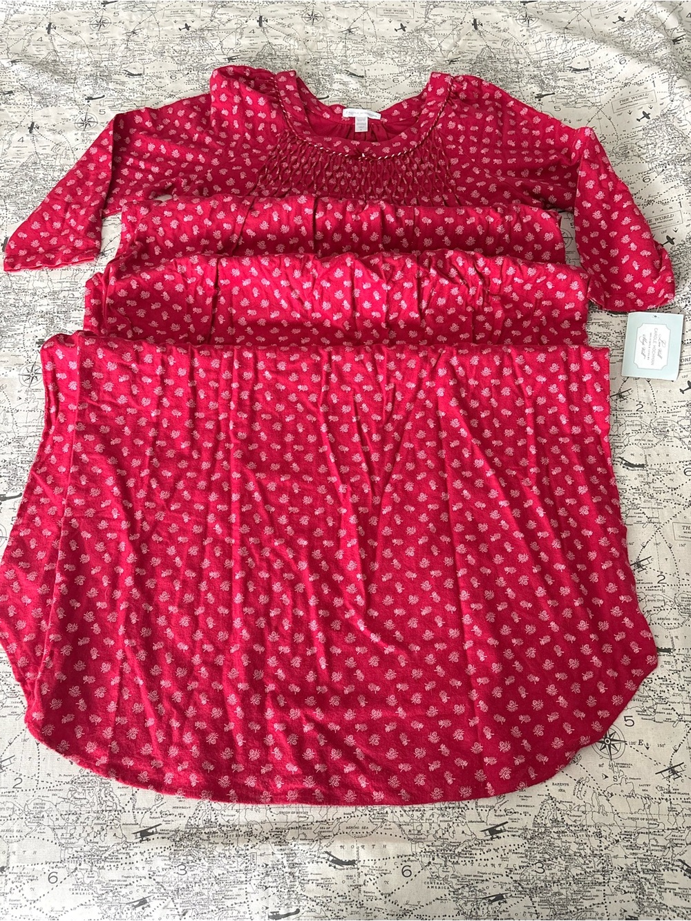Midnight by Carole Hochman Red Smocked Neck Tunic with White Floral Motif